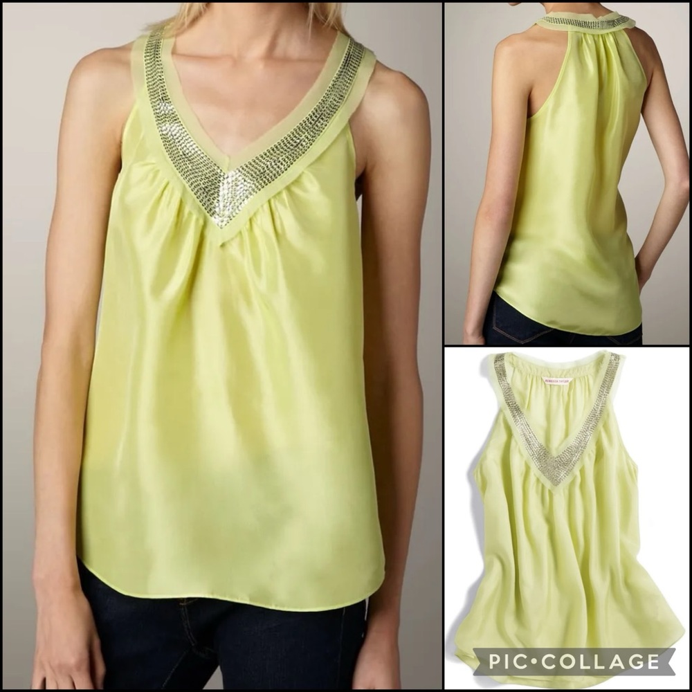 NWT Rebecca Taylor Silk Pastel Lime Sequin Blouse Tank Top